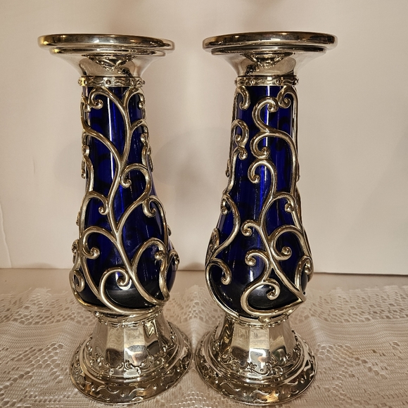 RARE VINTAGE COBALT BLUE GLASS SILVER CANDLE HOLDERS CANDLESTICK CANDELABRA - Picture 1 of 6